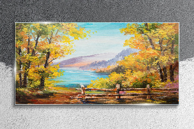 Autumn scenery by the lake Glass Wall Art