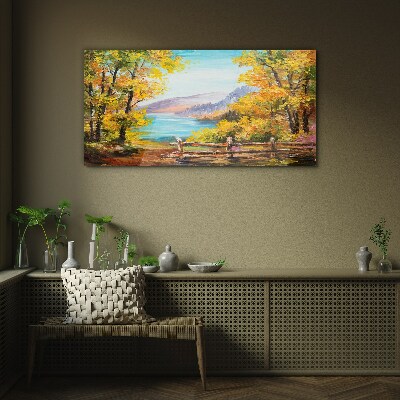 Autumn scenery by the lake Glass Wall Art
