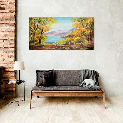 Autumn scenery by the lake Glass Wall Art