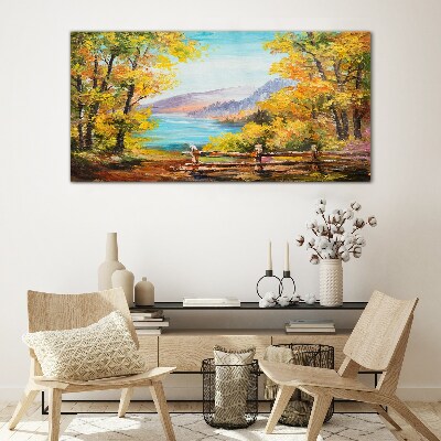 Autumn scenery by the lake Glass Wall Art
