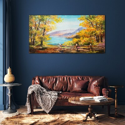 Autumn scenery by the lake Glass Wall Art