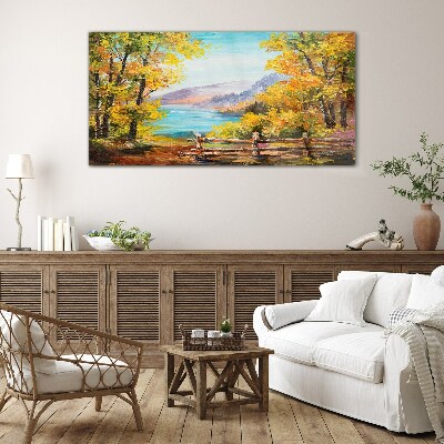 Autumn scenery by the lake Glass Wall Art