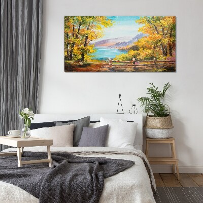 Autumn scenery by the lake Glass Wall Art