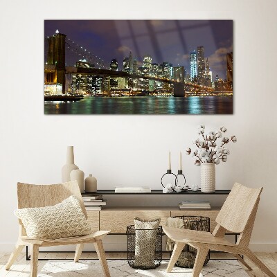 Brooklyn Bridge at night Glass Wall Art