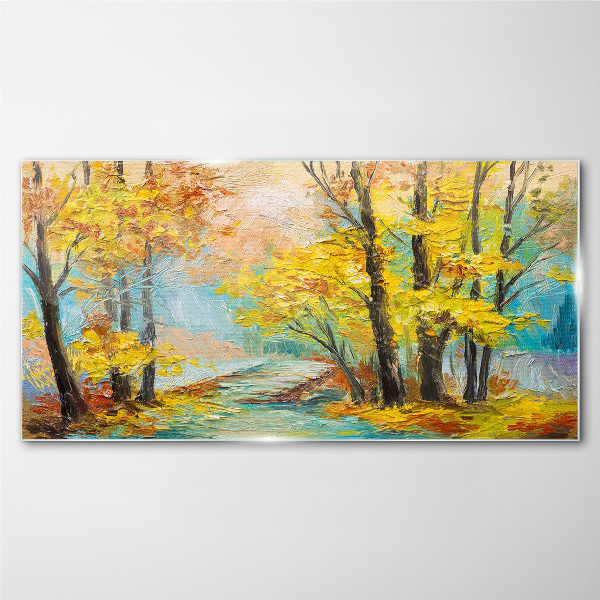 Golden autumn on a quiet river Glass Wall Art