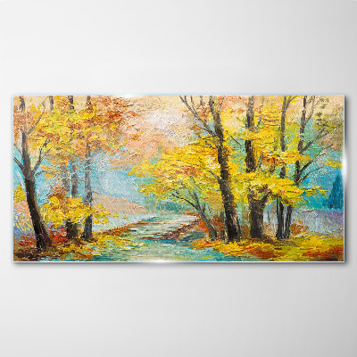 Golden autumn on a quiet river Glass Wall Art