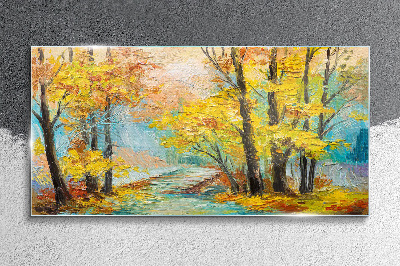 Golden autumn on a quiet river Glass Wall Art