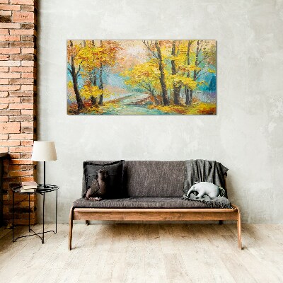 Golden autumn on a quiet river Glass Wall Art