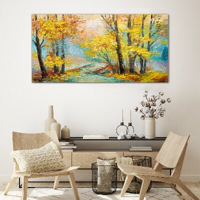 Golden autumn on a quiet river Glass Wall Art