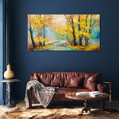 Golden autumn on a quiet river Glass Wall Art