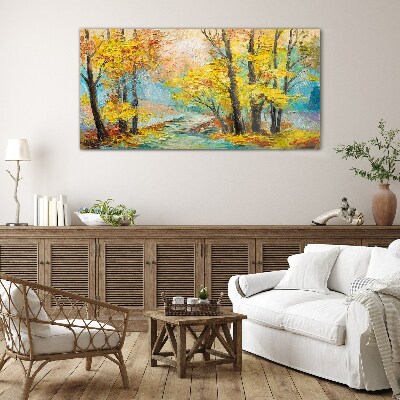Golden autumn on a quiet river Glass Wall Art