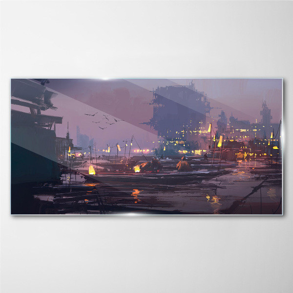 Sunset over the port Glass Wall Art