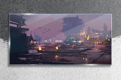 Sunset over the port Glass Wall Art