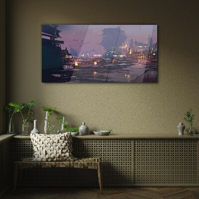 Sunset over the port Glass Wall Art