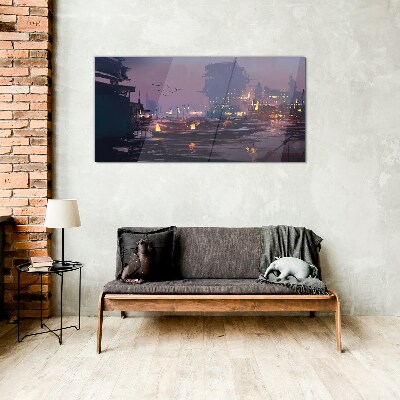Sunset over the port Glass Wall Art