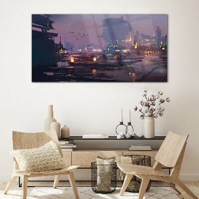 Sunset over the port Glass Wall Art