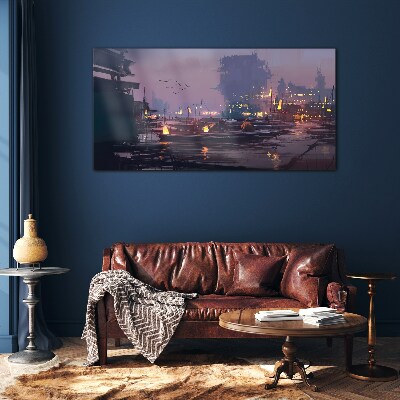 Sunset over the port Glass Wall Art