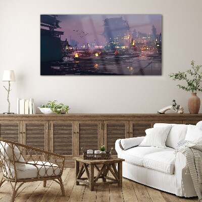 Sunset over the port Glass Wall Art