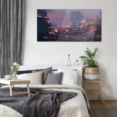 Sunset over the port Glass Wall Art