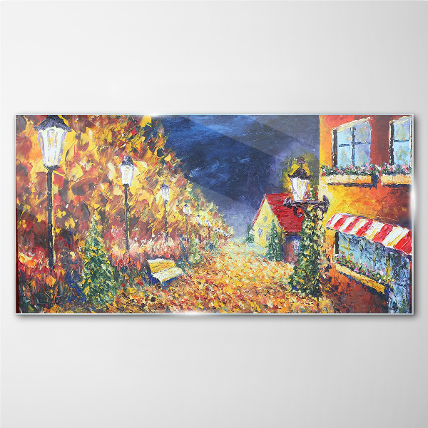 Golden avenue in the glow of lanterns Glass Wall Art