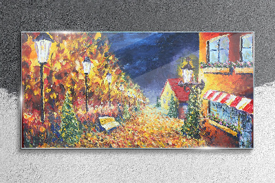Golden avenue in the glow of lanterns Glass Wall Art