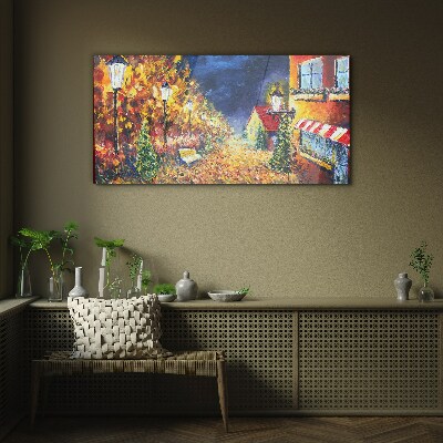Golden avenue in the glow of lanterns Glass Wall Art