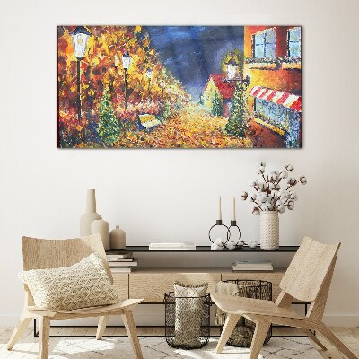 Golden avenue in the glow of lanterns Glass Wall Art