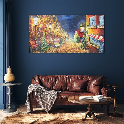 Golden avenue in the glow of lanterns Glass Wall Art
