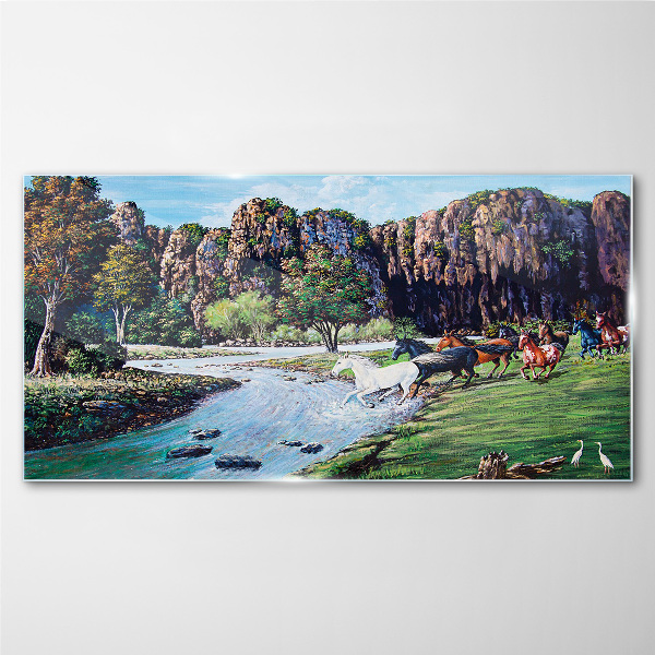 Landscape with horses by the river Glass Wall Art