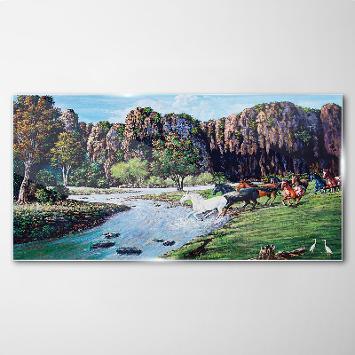 Landscape with horses by the river Glass Wall Art