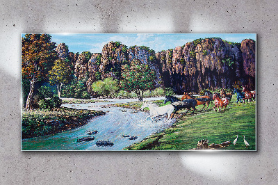 Landscape with horses by the river Glass Wall Art