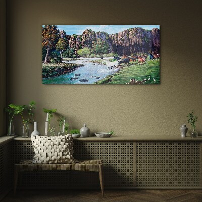Landscape with horses by the river Glass Wall Art