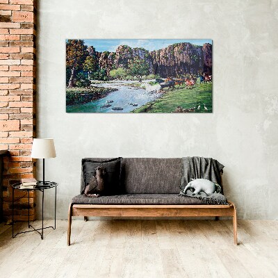 Landscape with horses by the river Glass Wall Art