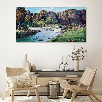 Landscape with horses by the river Glass Wall Art