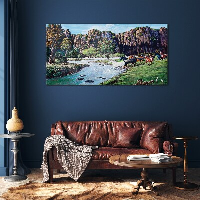 Landscape with horses by the river Glass Wall Art