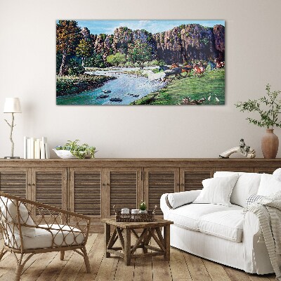 Landscape with horses by the river Glass Wall Art