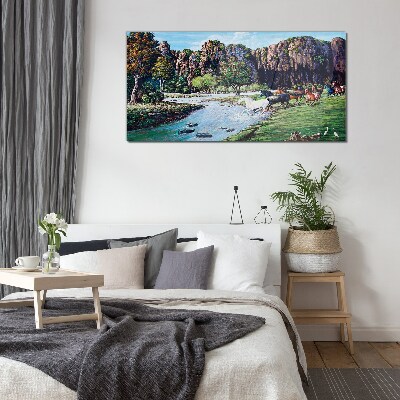 Landscape with horses by the river Glass Wall Art