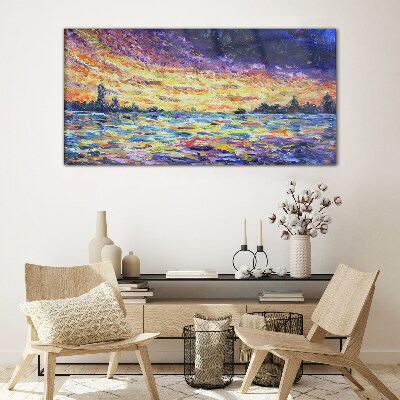 Sunset over the water Glass Wall Art