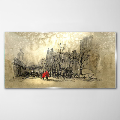 Red coat in the cityscape Glass Wall Art