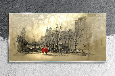 Red coat in the cityscape Glass Wall Art