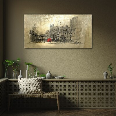 Red coat in the cityscape Glass Wall Art