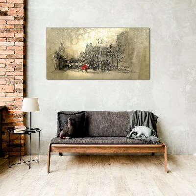 Red coat in the cityscape Glass Wall Art