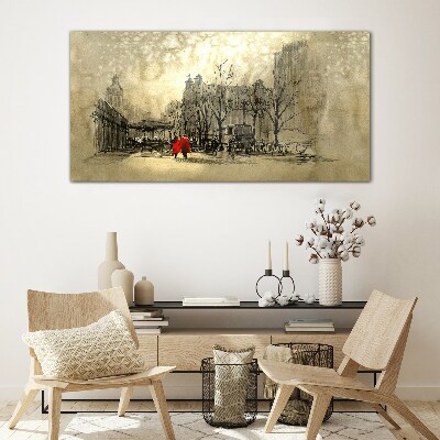Red coat in the cityscape Glass Wall Art