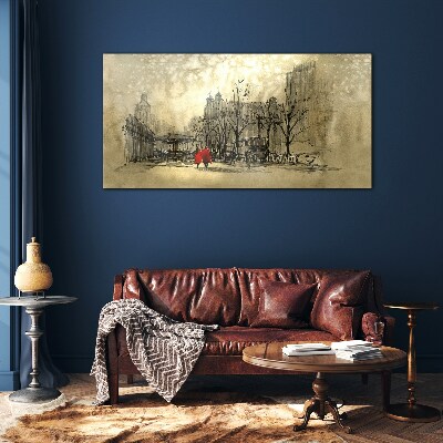 Red coat in the cityscape Glass Wall Art