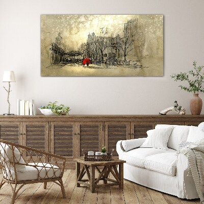 Red coat in the cityscape Glass Wall Art