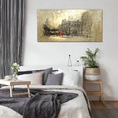 Red coat in the cityscape Glass Wall Art