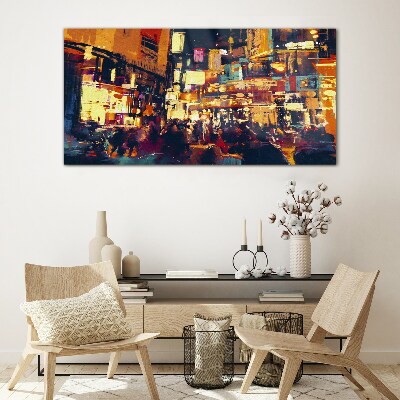The hustle and bustle of city life at night Glass Wall Art