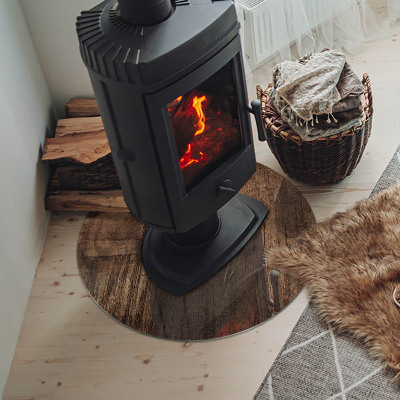 Glass hearth for stove round Natural wood pattern