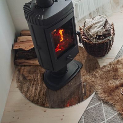 Glass hearth for stove round Natural wood pattern
