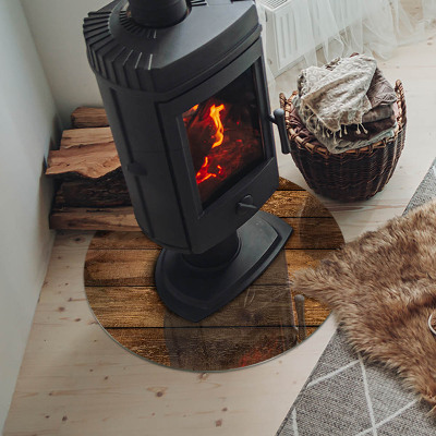 Glass hearth for stove round Wooden board with grain